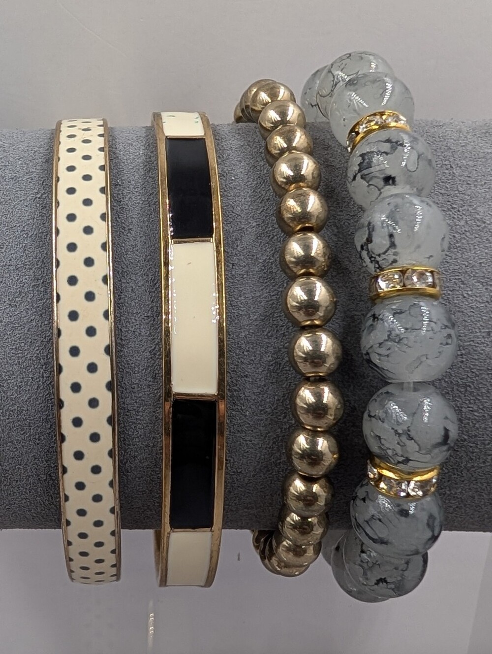 J.Crew Set Of 4 Black Cream Enamel Bangles + Gold Gray Bracelet Stack | 1210